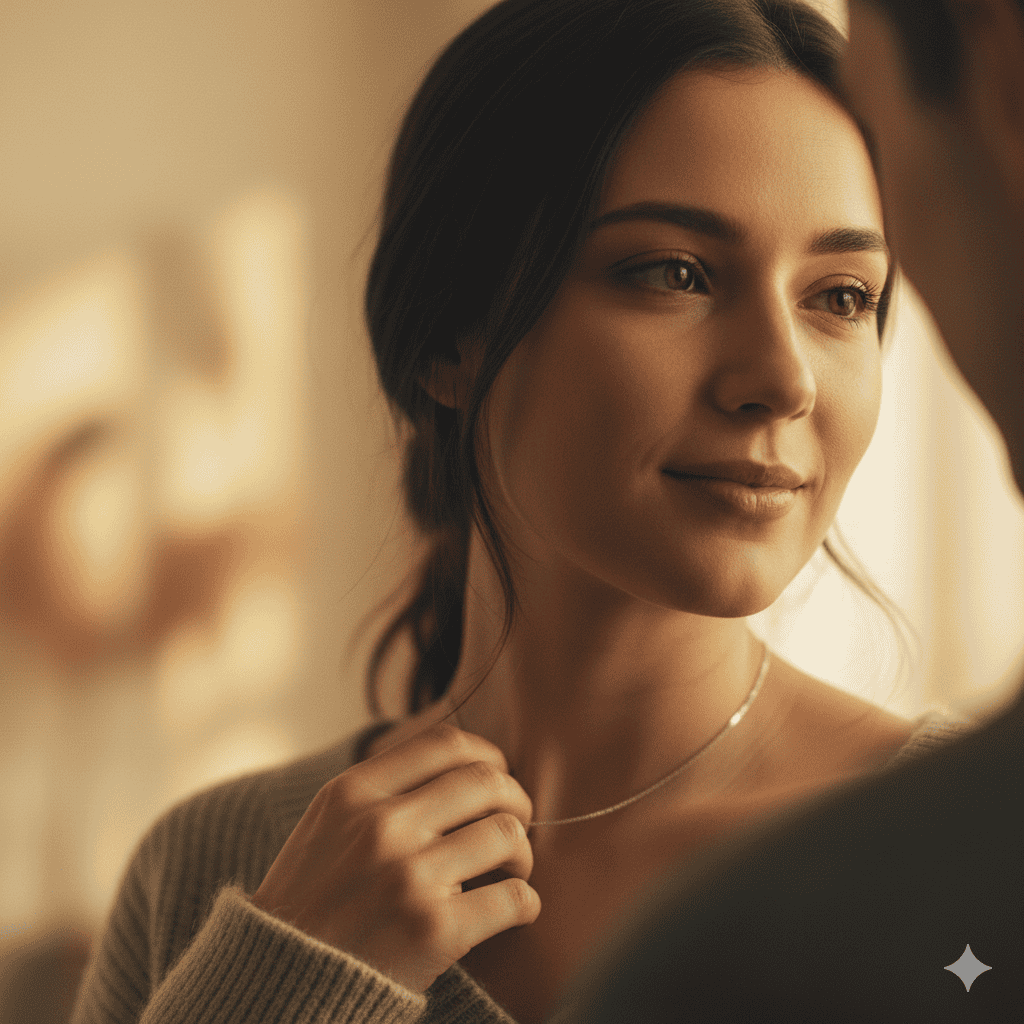 A close-up, artistic shot of a person’s hand gently touching their collarbone or adjusting a necklace while looking at someone off-camera